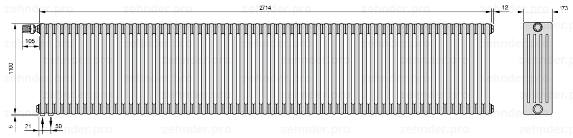 Схема (чертеж) Радиатор Zehnder Charleston 5110/59 №V001 Белый глянцевый RAL 9016